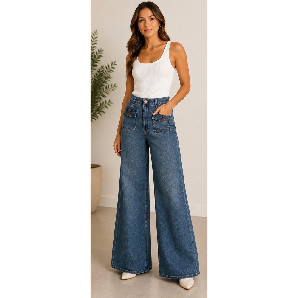 Tinseltown Womens High Rise Wide Leg Patch Pocket Jeans Medium Wash Blue Size 11